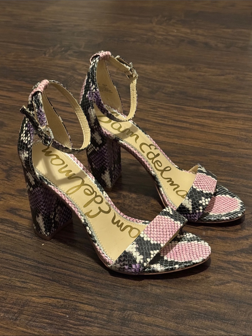 Sam Edelman Leather Pink 🩷, Purple 💜 Black & Cream Snake-Print Block Heel